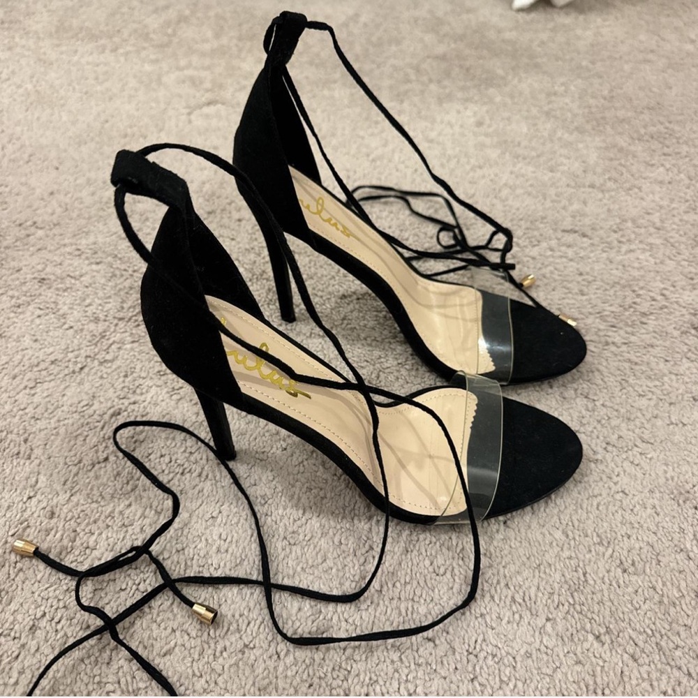 Lulu's Black Suede Lace-Up Clear Strap High Heels